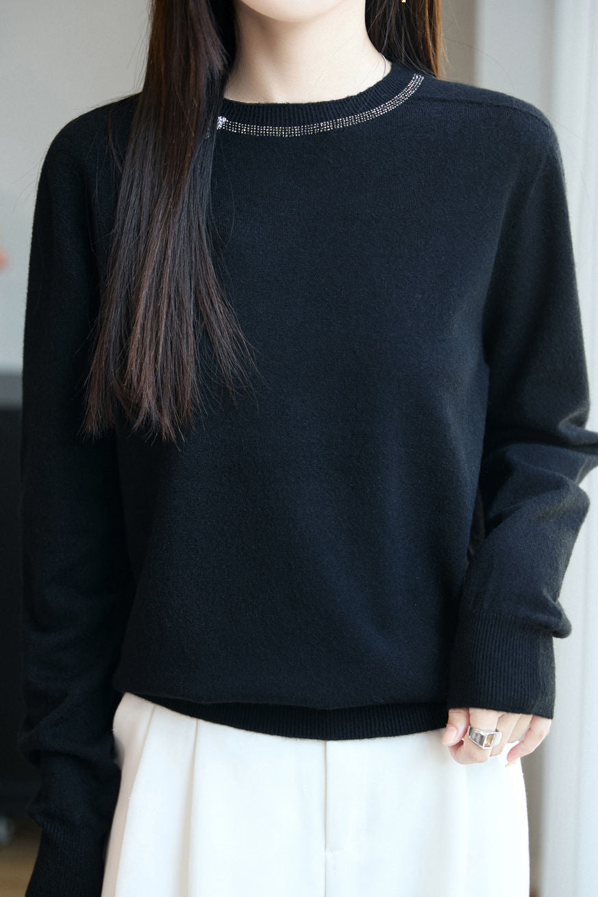 Casual Versatile Solid-Color Rhinestone Sweater - liwisi