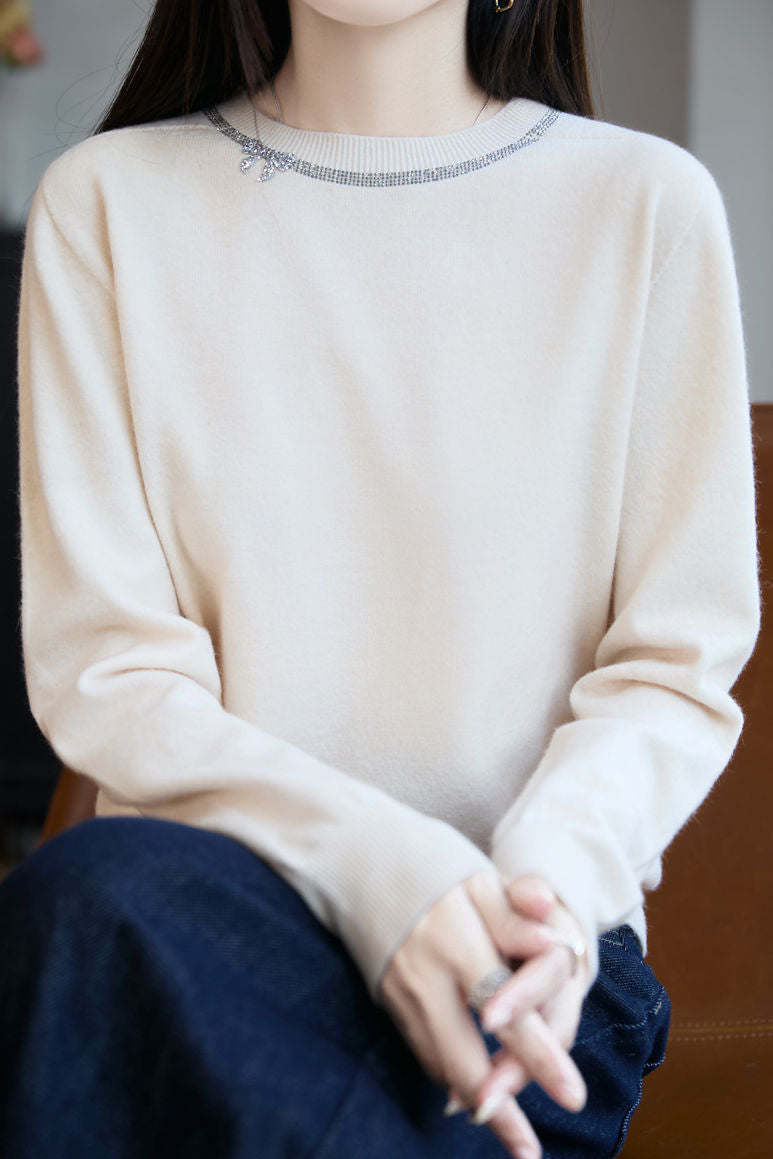 Casual Versatile Solid-Color Rhinestone Sweater - liwisi