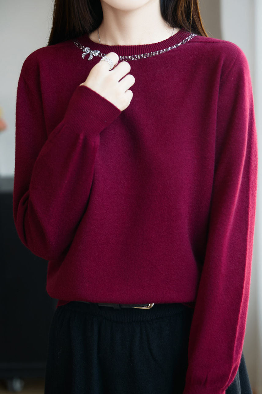 Casual Versatile Solid-Color Rhinestone Sweater - liwisi