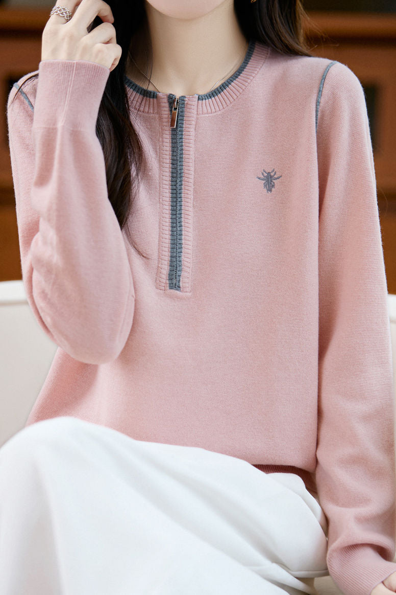 Casual Versatile Color-Block Zipper Pullover Sweater - liwisi