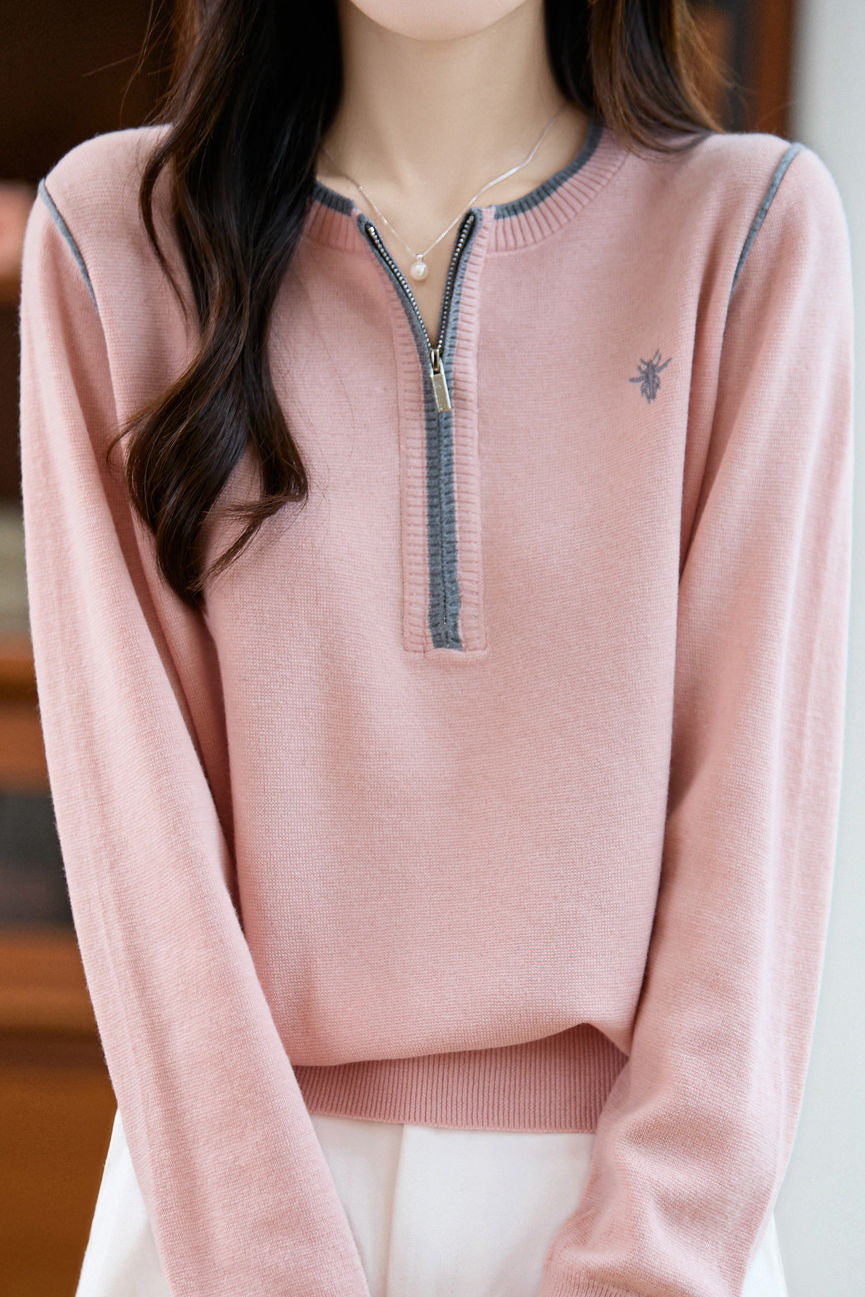 Casual Versatile Color-Block Zipper Pullover Sweater - liwisi