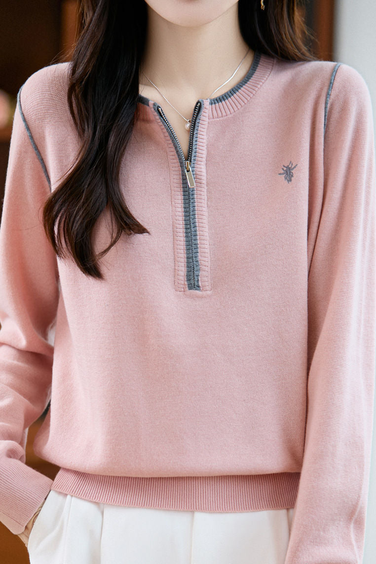 Casual Versatile Color-Block Zipper Pullover Sweater - liwisi