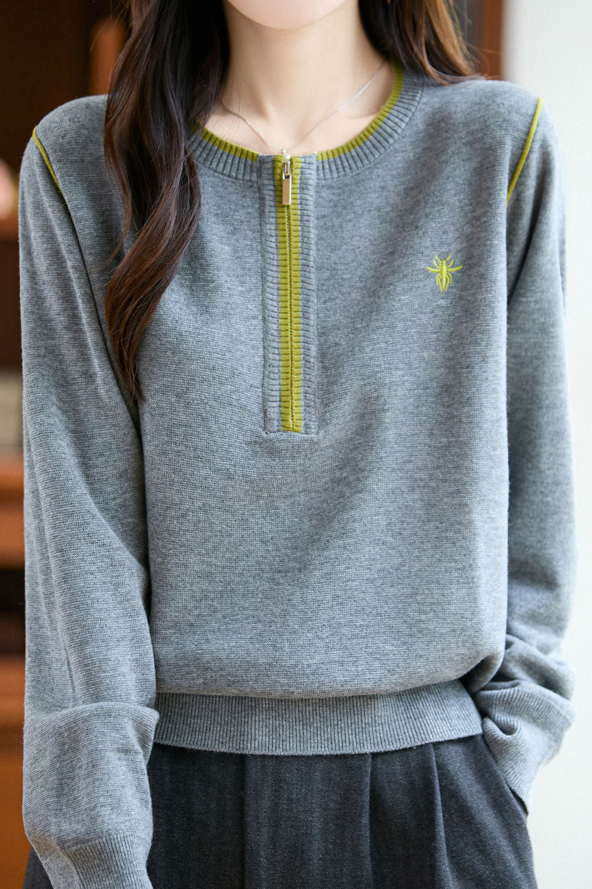 Casual Versatile Color-Block Zipper Pullover Sweater - liwisi