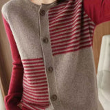 Casual Versatile Asymmetric Color-Block Checkered Striped Cardigan