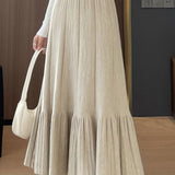 Casual Versatile Solid-Color A-Line Knitted Pleated Midi Skirt