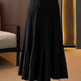 Casual Versatile Solid-Color A-Line Knitted Pleated Midi Skirt