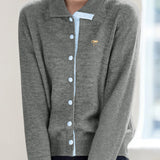 Casual Versatile Stand-Up Collar Color-Block Paneled Long-Sleeve Knitted Cardigan