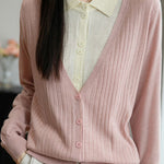 Casual Minimalist Fake Two-Piece Color-Block Shirt Collar Knitted Cardigan - liwisi