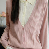 Casual Minimalist Fake Two-Piece Color-Block Shirt Collar Knitted Cardigan - liwisi