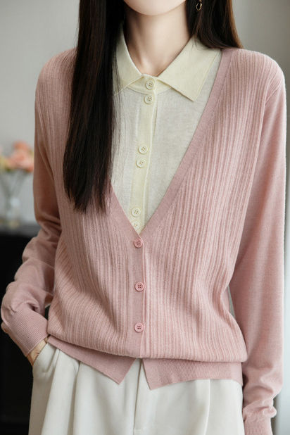 Casual Minimalist Fake Two-Piece Color-Block Shirt Collar Knitted Cardigan - liwisi