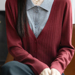 Casual Minimalist Fake Two-Piece Color-Block Shirt Collar Knitted Cardigan - liwisi