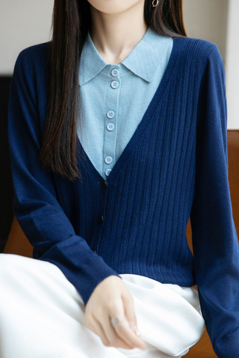 Casual Minimalist Fake Two-Piece Color-Block Shirt Collar Knitted Cardigan - liwisi