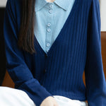 Casual Minimalist Fake Two-Piece Color-Block Shirt Collar Knitted Cardigan - liwisi