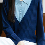 Casual Minimalist Fake Two-Piece Color-Block Shirt Collar Knitted Cardigan - liwisi