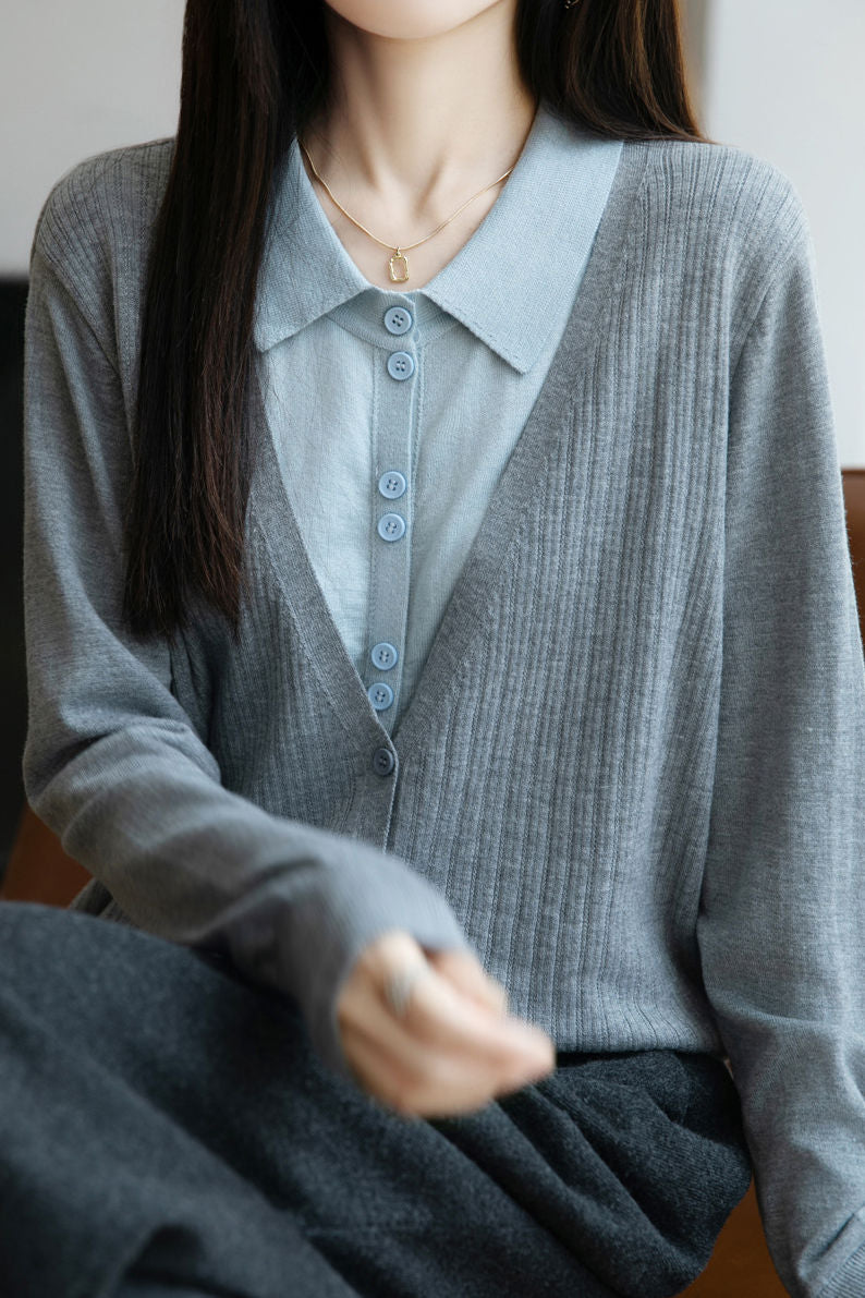 Casual Minimalist Fake Two-Piece Color-Block Shirt Collar Knitted Cardigan - liwisi