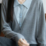 Casual Minimalist Fake Two-Piece Color-Block Shirt Collar Knitted Cardigan - liwisi