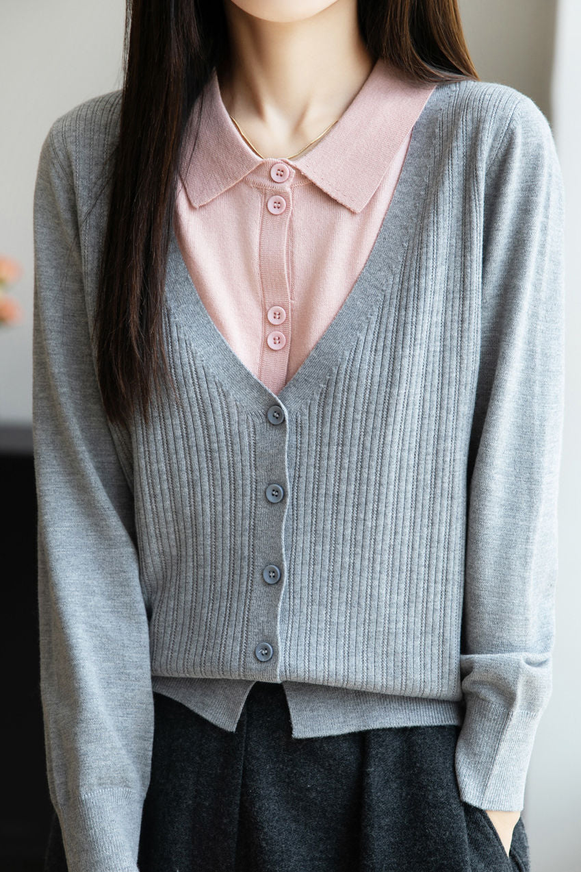Casual Minimalist Fake Two-Piece Color-Block Shirt Collar Knitted Cardigan - liwisi