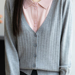 Casual Minimalist Fake Two-Piece Color-Block Shirt Collar Knitted Cardigan - liwisi
