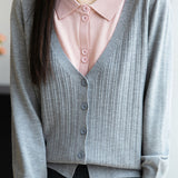 Casual Minimalist Fake Two-Piece Color-Block Shirt Collar Knitted Cardigan - liwisi