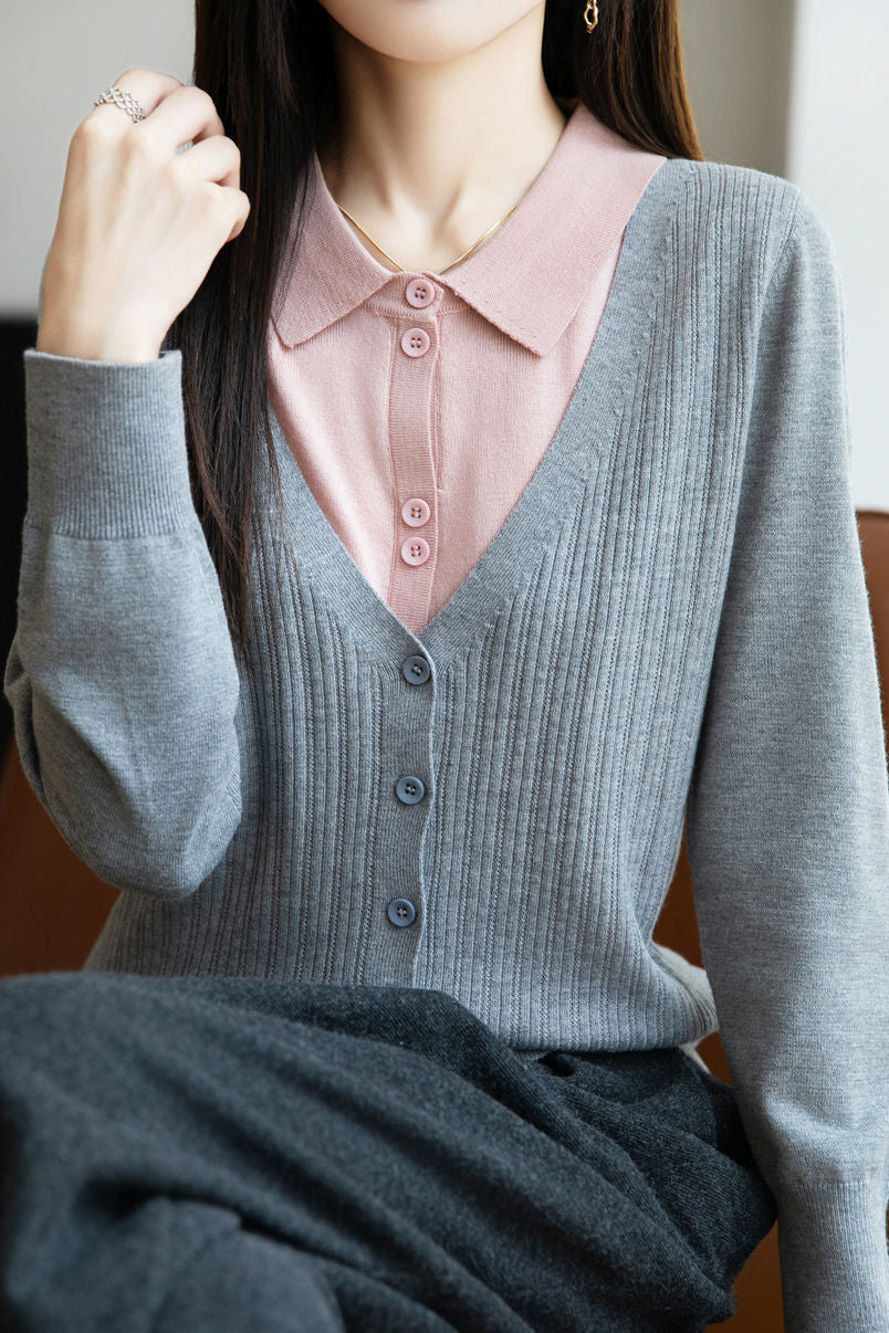 Casual Minimalist Fake Two-Piece Color-Block Shirt Collar Knitted Cardigan - liwisi