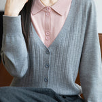 Casual Minimalist Fake Two-Piece Color-Block Shirt Collar Knitted Cardigan - liwisi
