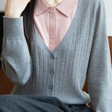 Casual Minimalist Fake Two-Piece Color-Block Shirt Collar Knitted Cardigan - liwisi