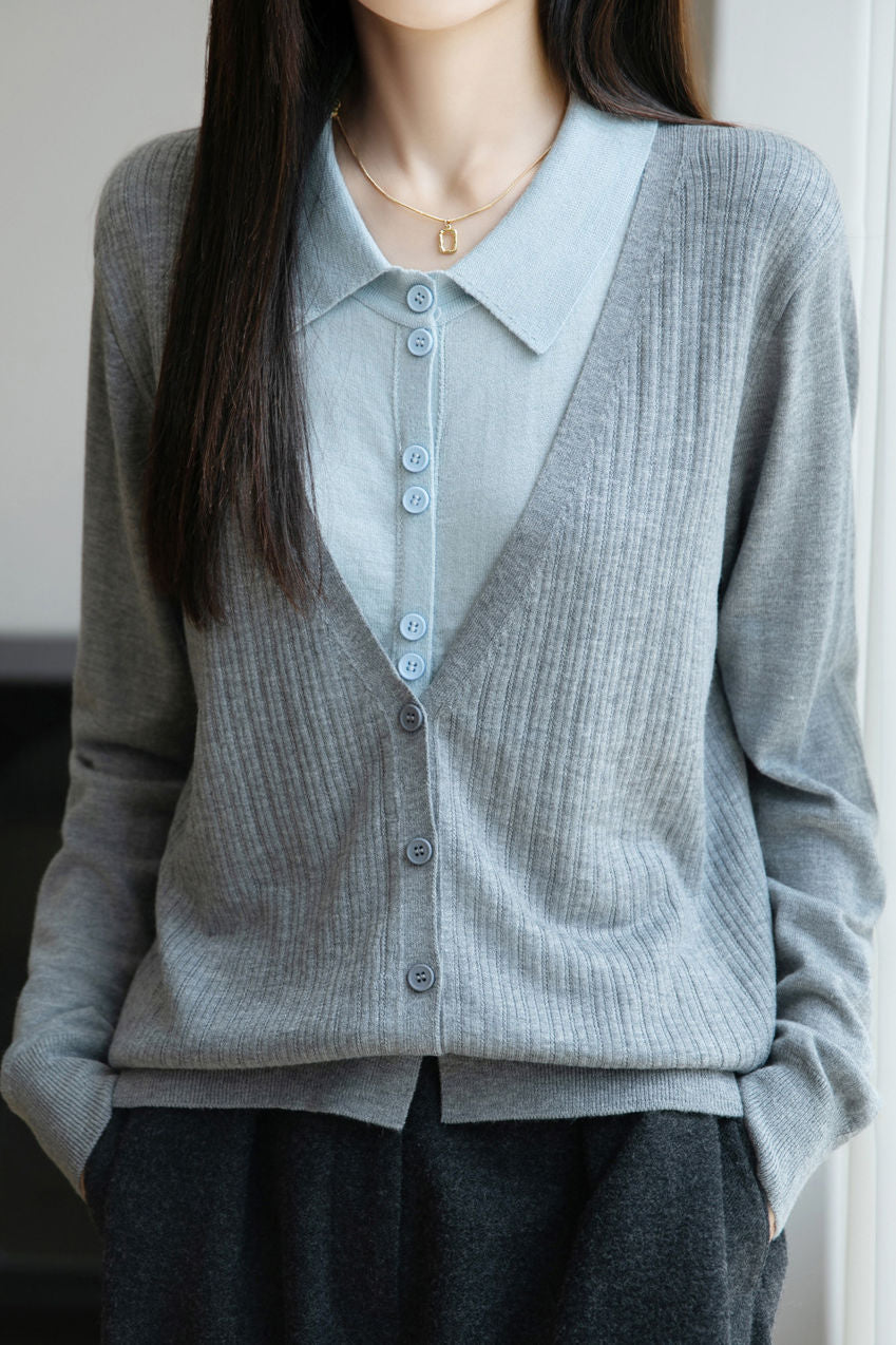 Casual Minimalist Fake Two-Piece Color-Block Shirt Collar Knitted Cardigan - liwisi