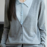Casual Minimalist Fake Two-Piece Color-Block Shirt Collar Knitted Cardigan - liwisi