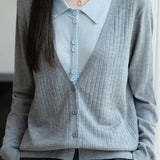 Casual Minimalist Fake Two-Piece Color-Block Shirt Collar Knitted Cardigan - liwisi