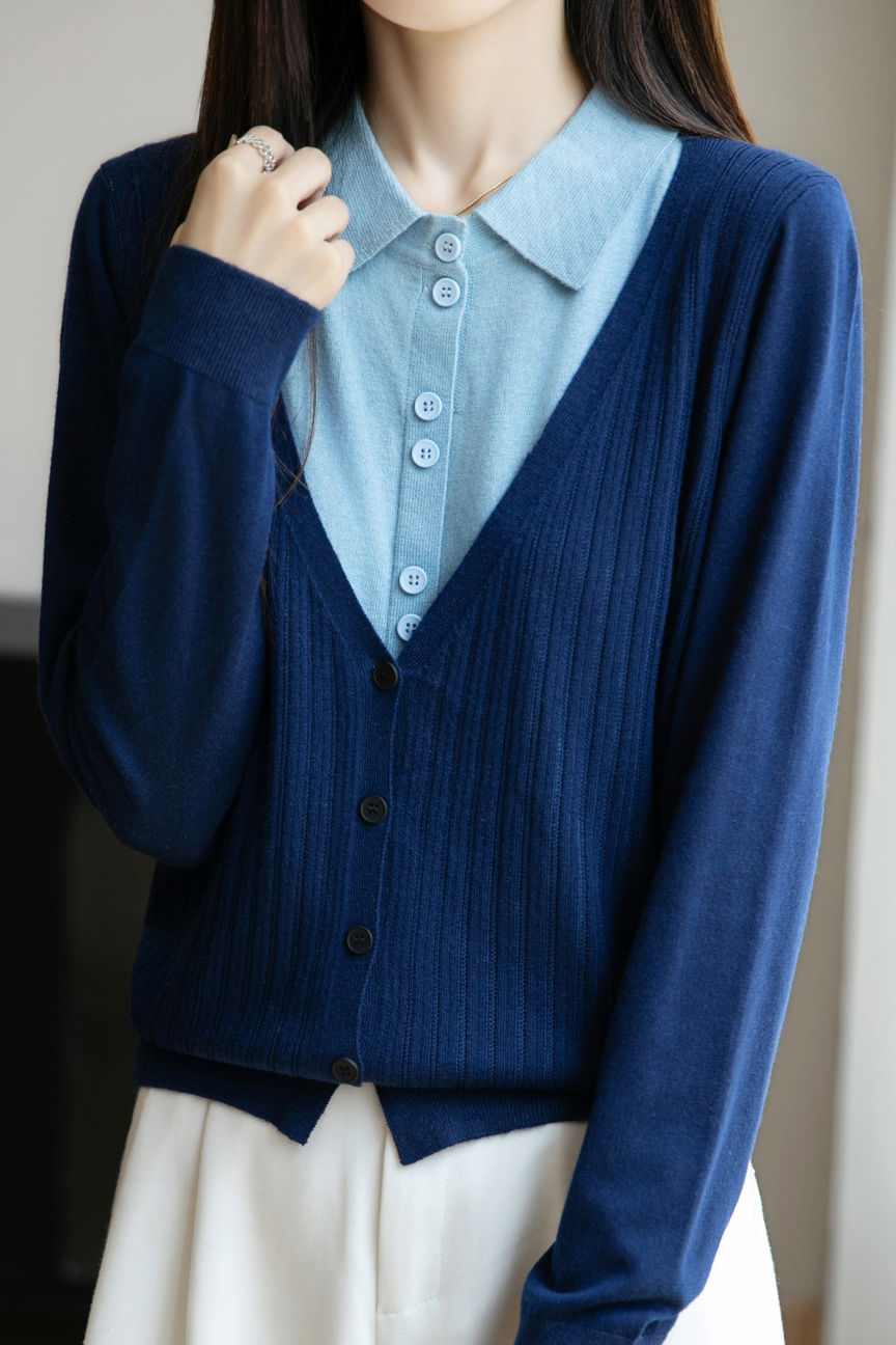 Casual Minimalist Fake Two-Piece Color-Block Shirt Collar Knitted Cardigan - liwisi