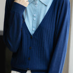 Casual Minimalist Fake Two-Piece Color-Block Shirt Collar Knitted Cardigan - liwisi