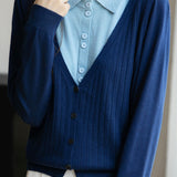 Casual Minimalist Fake Two-Piece Color-Block Shirt Collar Knitted Cardigan - liwisi