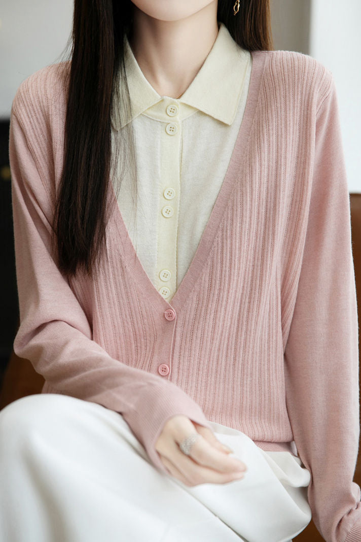 Casual Minimalist Fake Two-Piece Color-Block Shirt Collar Knitted Cardigan - liwisi