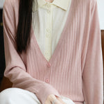 Casual Minimalist Fake Two-Piece Color-Block Shirt Collar Knitted Cardigan - liwisi