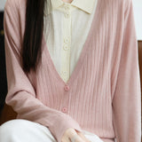 Casual Minimalist Fake Two-Piece Color-Block Shirt Collar Knitted Cardigan - liwisi