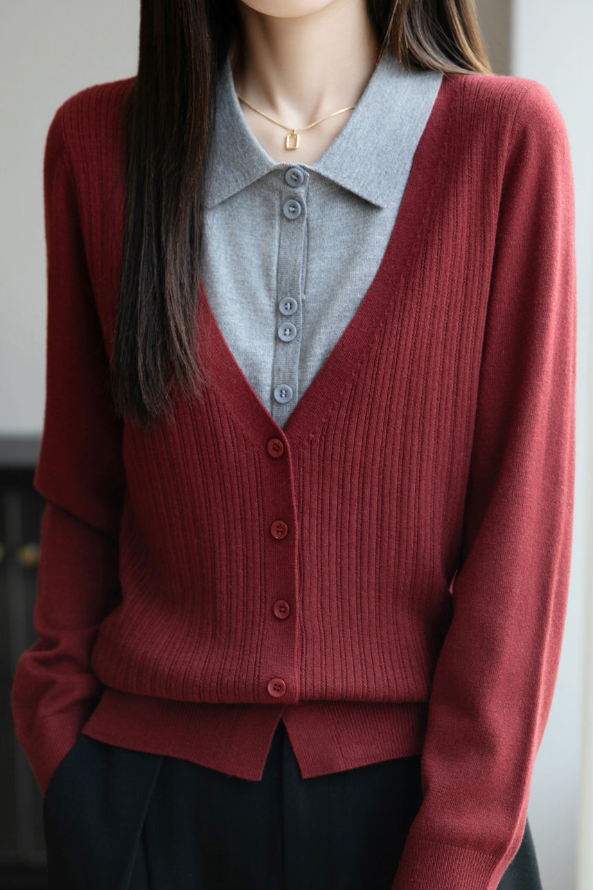 Casual Minimalist Fake Two-Piece Color-Block Shirt Collar Knitted Cardigan - liwisi