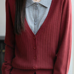 Casual Minimalist Fake Two-Piece Color-Block Shirt Collar Knitted Cardigan - liwisi