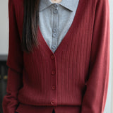 Casual Minimalist Fake Two-Piece Color-Block Shirt Collar Knitted Cardigan - liwisi