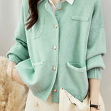 Casual Versatile Crew Neck Solid-Color Knitted Cardigan Coat - liwisi
