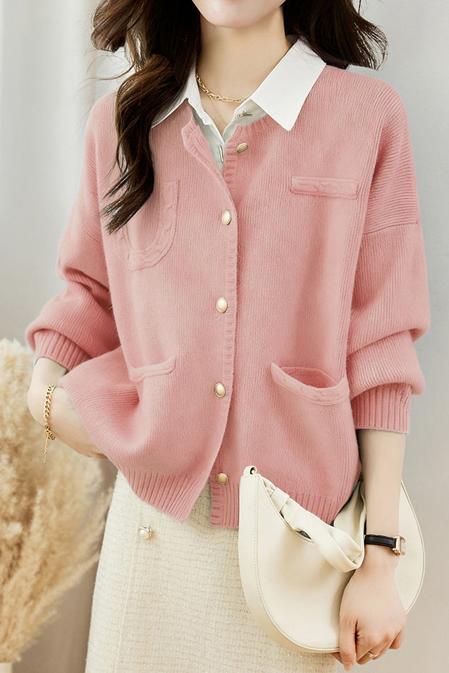Casual Versatile Crew Neck Solid-Color Knitted Cardigan Coat - liwisi