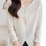Casual Versatile Solid-Color Striped V-Neck Cardigan