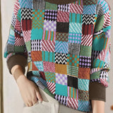 Casual Versatile Plaid Color-Block Half-High Neck Sweater