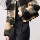 Exquisite Elegant Color-Block Checkered Woolen Fleece Coat
