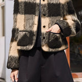 Exquisite Elegant Color-Block Checkered Woolen Fleece Coat