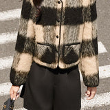 Exquisite Elegant Color-Block Checkered Woolen Fleece Coat