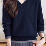 Casual Minimalist Fake Two-Piece Color-Blocked Lapel Knitted Top