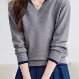 Casual Minimalist Fake Two-Piece Color-Blocked Lapel Knitted Top