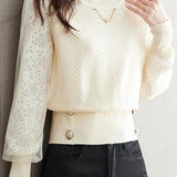 Elegant Temperament Lace-Paneled Pullover Long-Sleeve Knitted Top
