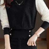 Elegant Temperament Lace-Paneled Pullover Long-Sleeve Knitted Top
