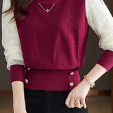 Elegant Temperament Lace-Paneled Pullover Long-Sleeve Knitted Top